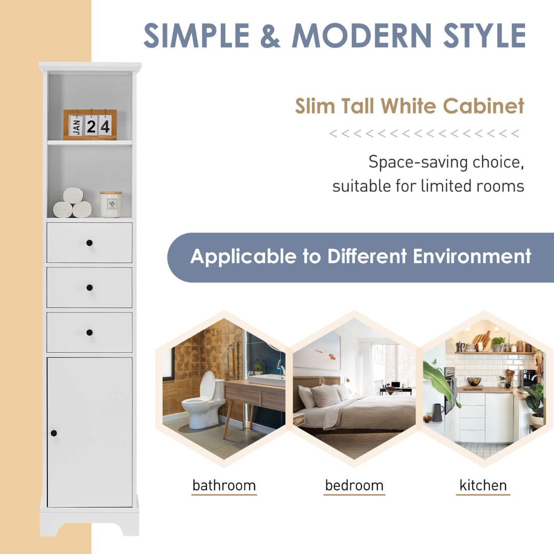 Side angle of the white cabinet displaying its spacious interior and modern design.