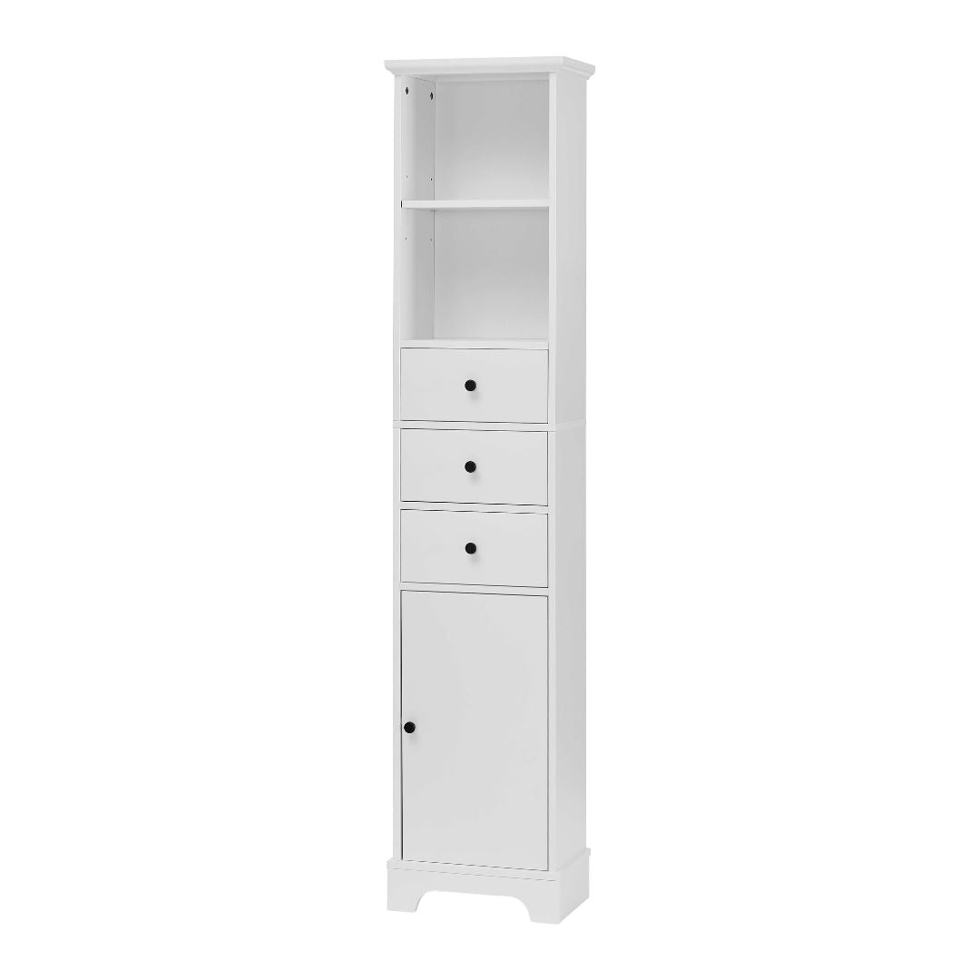 Open view of the cabinet illustrating the adjustable shelves and drawer space for organized storage.