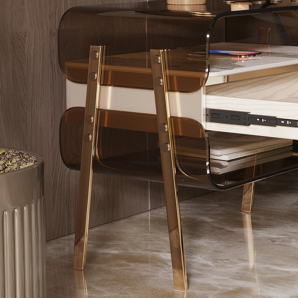 Close-up of the glossy lacquer finish on the nightstand drawer.