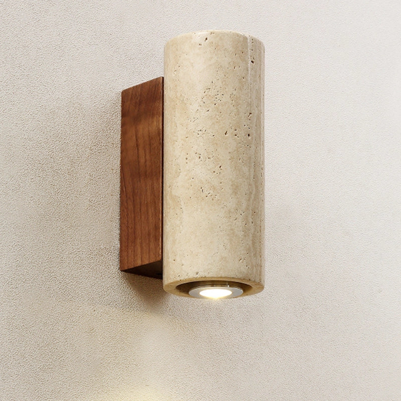 Side view of the waterproof wall sconce demonstrating its cylindrical design and solid wood base.
