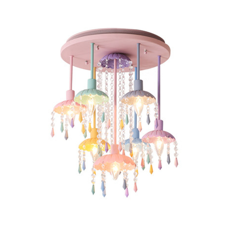 Close-up view of the pink Macaron chandelier showcasing its crystal details.