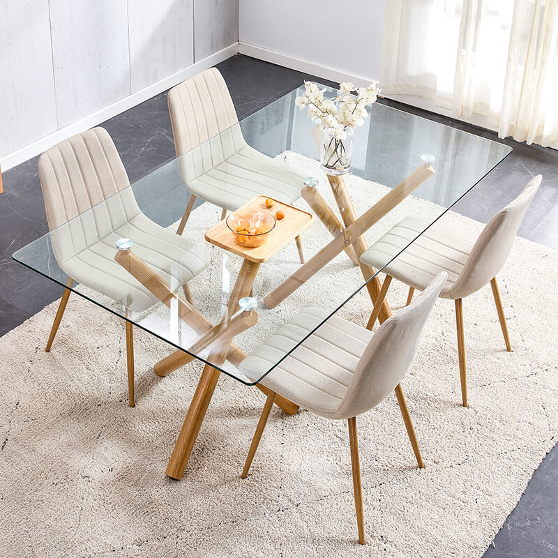 Elegant 70.9-inch glass dining table with natural wooden legs, viewed from the side.