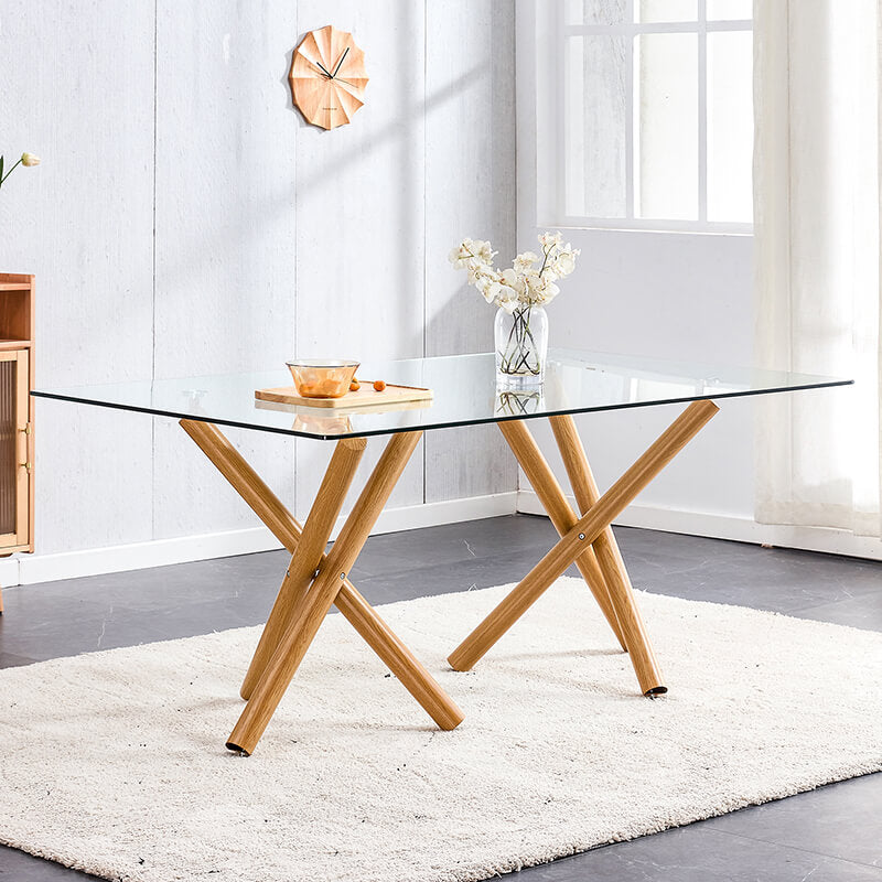 Elegant 70.9-inch glass dining table with natural wooden legs, viewed from the side.