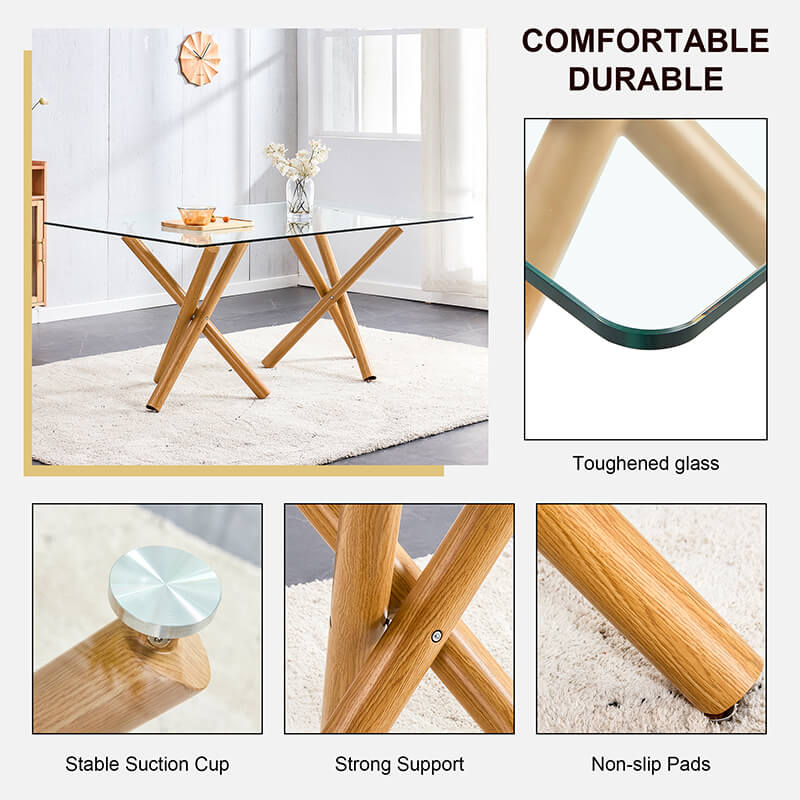 Stylish dining room setup showcasing the modern glass table with natural legs.