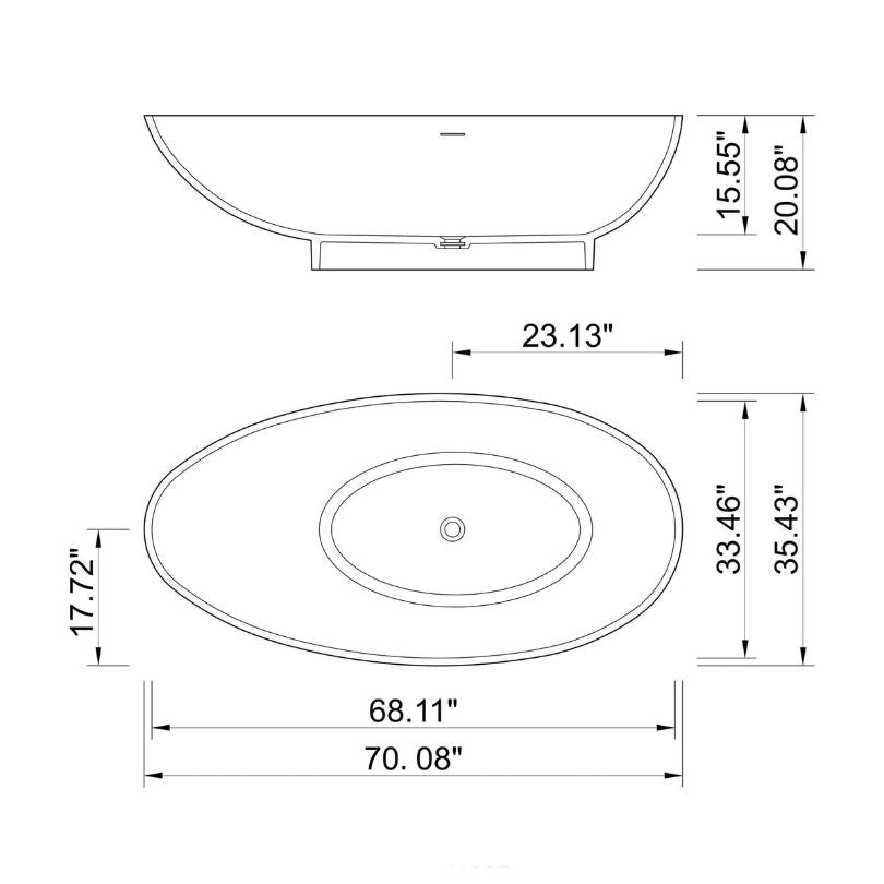 Elegant view of the 70-inch matte white free-standing bathtub showcasing its smooth curves.