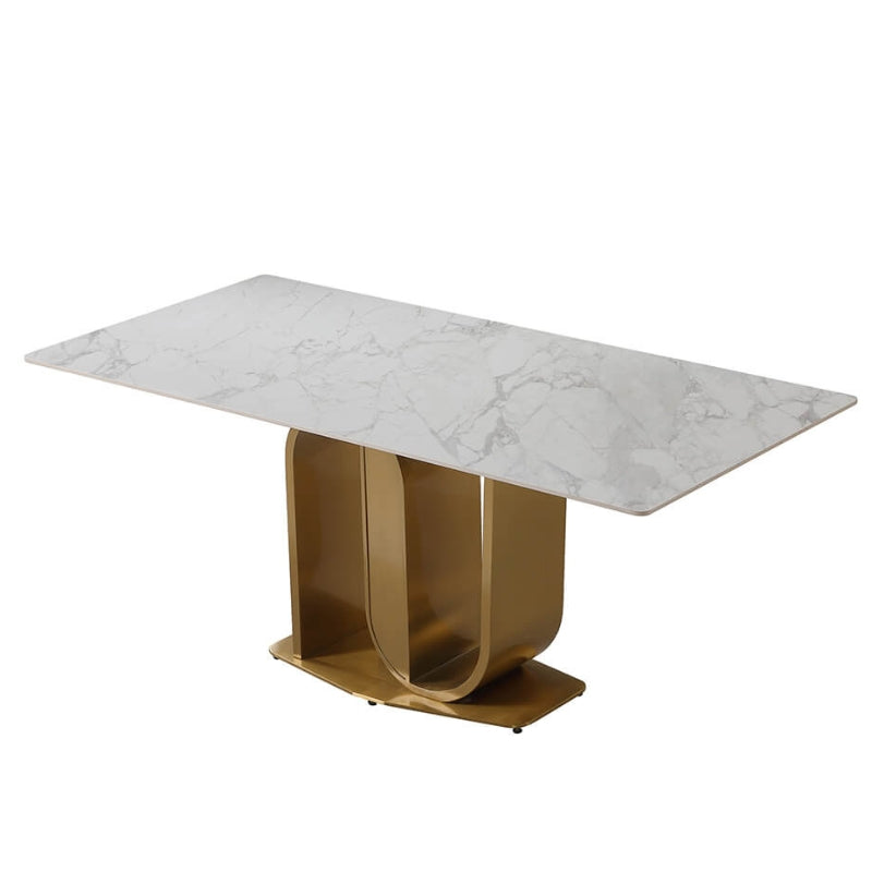 View of the elegant 71-inch sintered stone dining table set showcasing gold U-shaped pedestal base and contemporary chairs.
