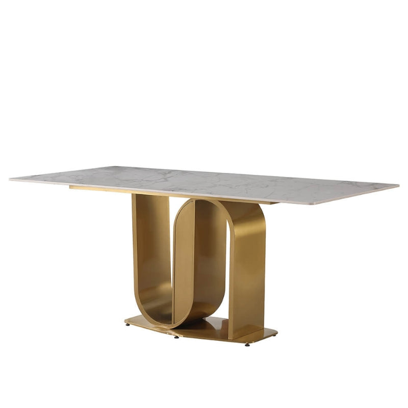 Close-up of the sleek sintered stone surface on the dining table, highlighting its modern design and durability.