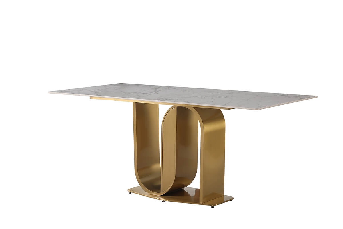 Elegant 71" contemporary sintered stone dining table with gold base, showcasing a sleek design.
