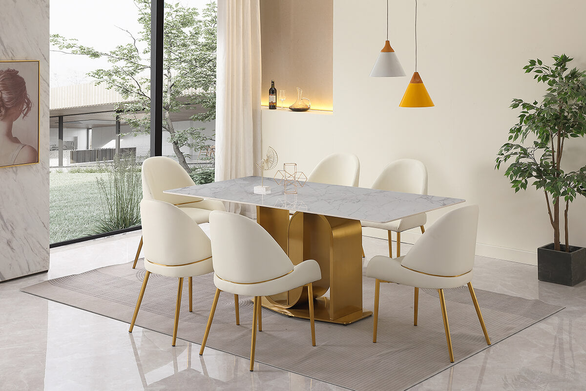 Elegant 71" contemporary sintered stone dining table with gold base, showcasing a sleek design.