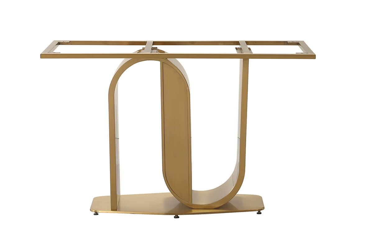 Close-up of the gold U-shape pedestal base supporting the sintered stone dining table.