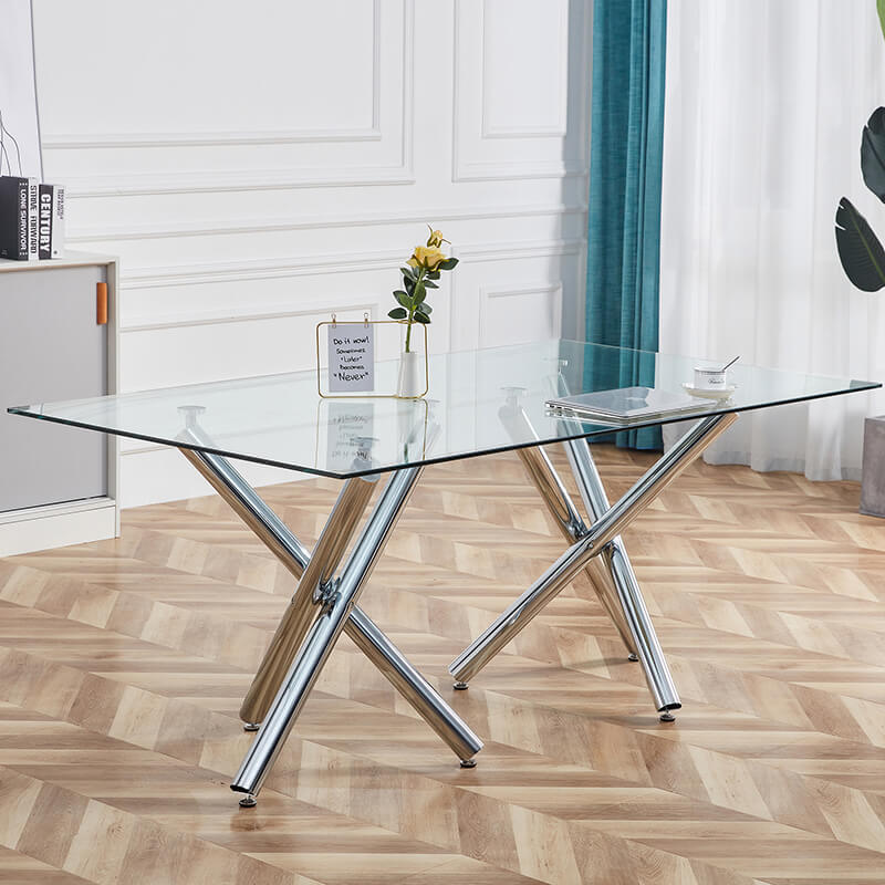 71 inch glass dining table with chrome legs in a stylish dining room setup