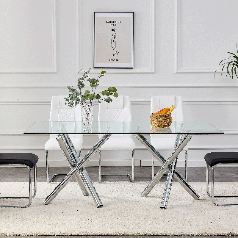 71" Contemporary Rectangular Glass Dining Table with Chrome Legs - Image 3
