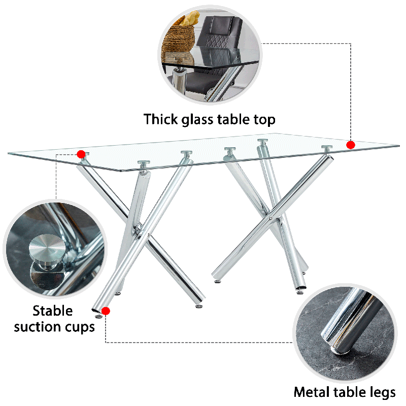 71" Contemporary Rectangular Glass Dining Table with Chrome Legs - Image 9