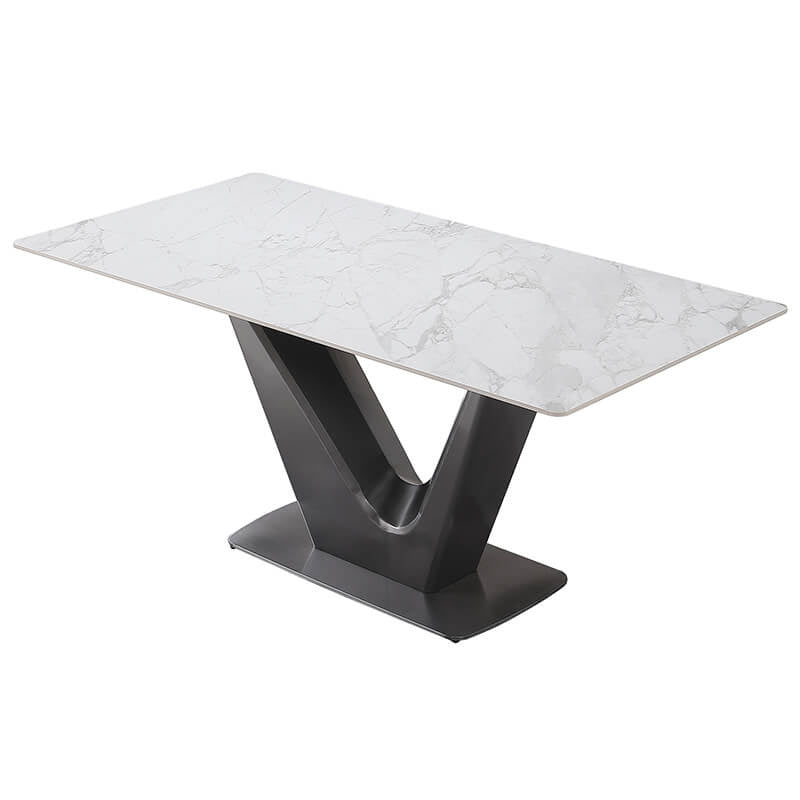 Close-up of the elegant sintered stone dining table with six stylish chairs, perfect for contemporary homes.