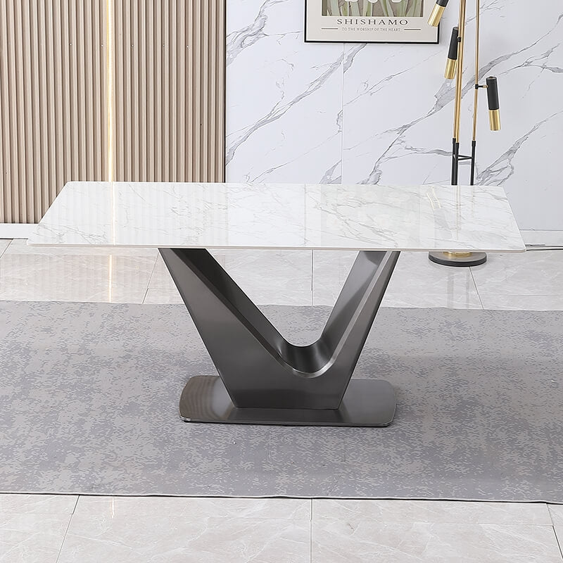 Close-up of the elegant sintered stone dining table with six stylish chairs, perfect for contemporary homes.