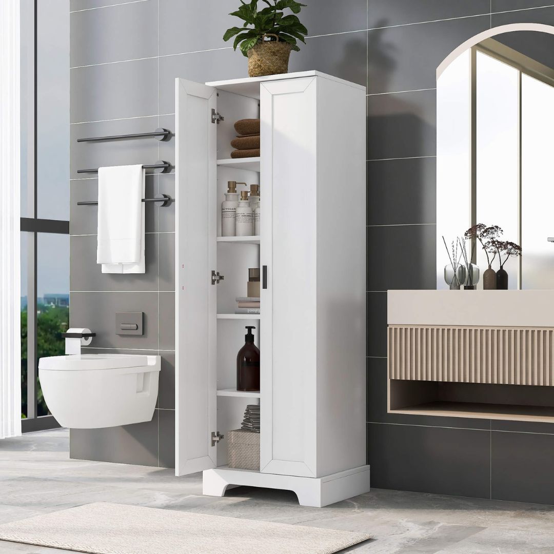 Close-up of the elegant white cabinets adjustable shelves and sleek finish.