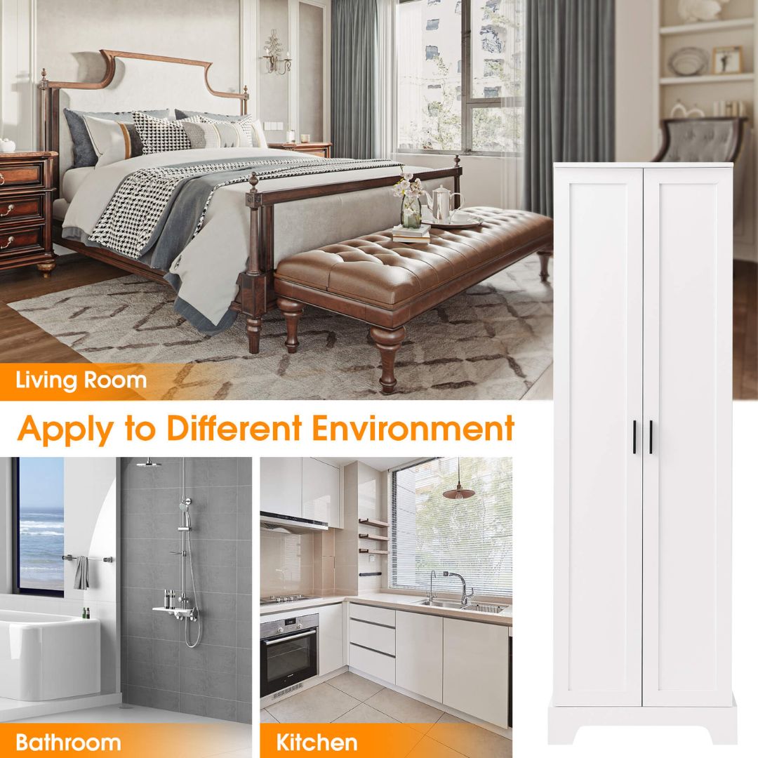 Side view of the tall white storage cabinet in a modern living room setting.