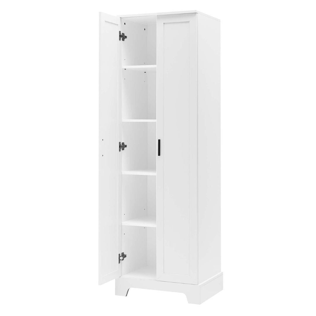 Side view of the tall white storage cabinet in a modern living room setting.