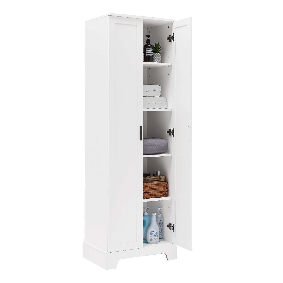 Stylish 71" tall white storage cabinet with two doors showcasing its spacious interior.