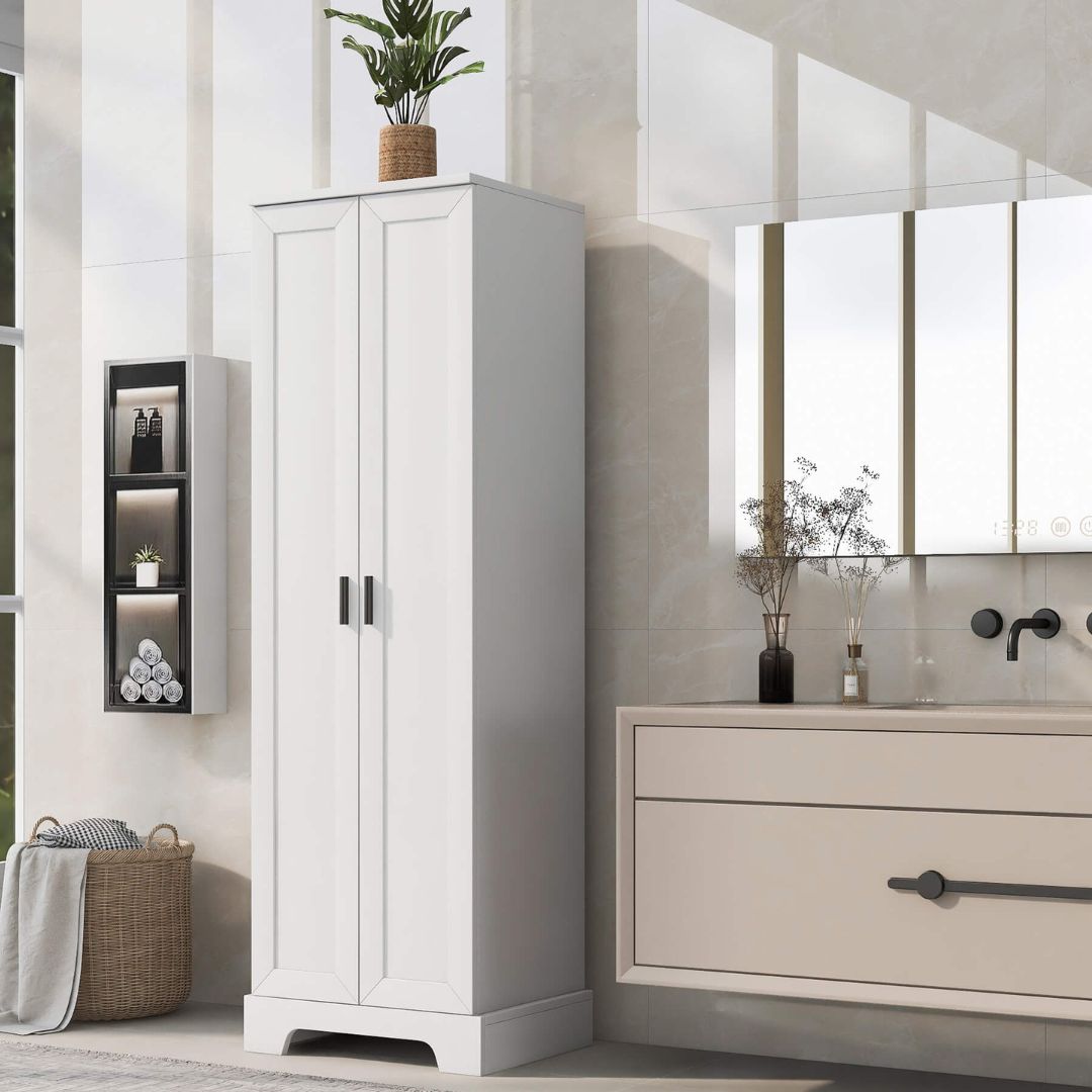 Close-up of the elegant white cabinets adjustable shelves and sleek finish.