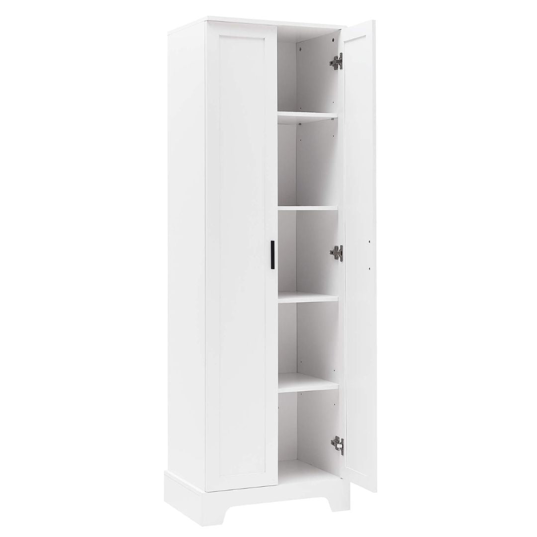 Stylish 71" tall white storage cabinet with two doors showcasing its spacious interior.
