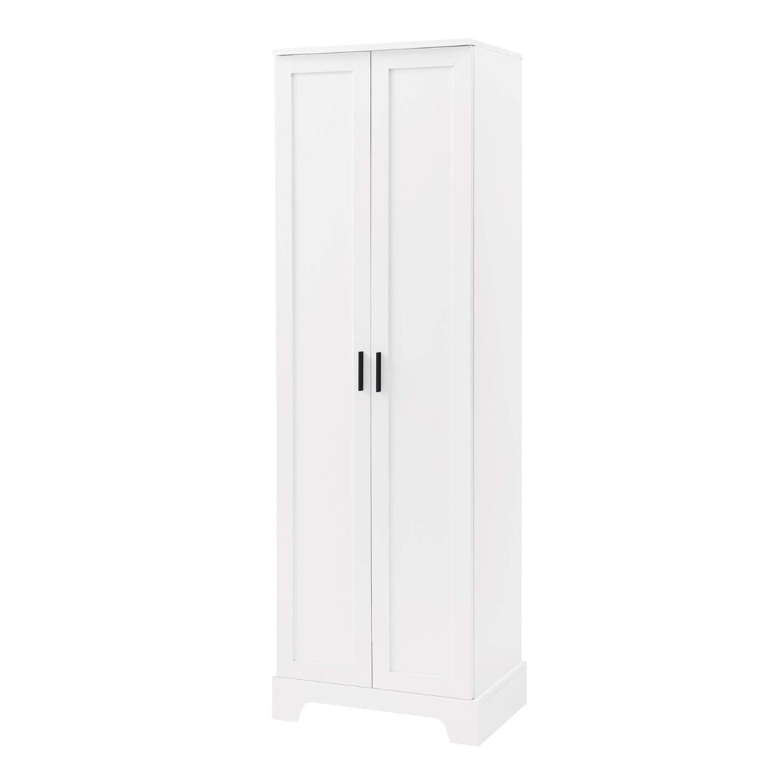 Side view of the tall white storage cabinet in a modern living room setting.