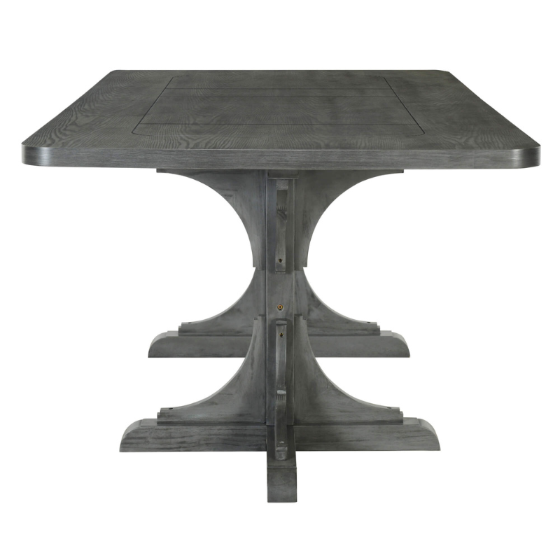 Top-down view of the rectangular dining table, highlighting the warm wood finish and ample seating space for six.