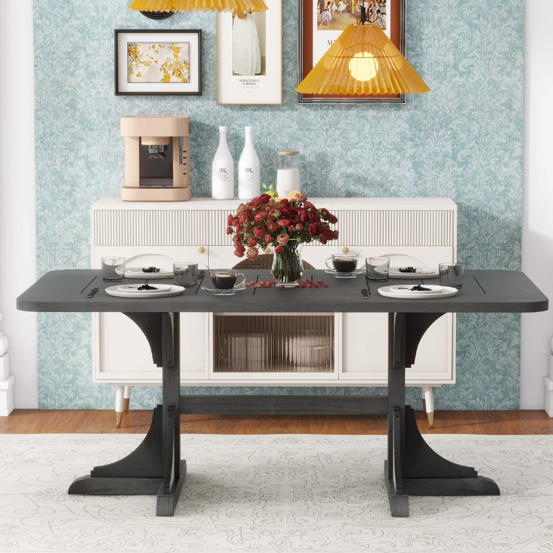 Top-down view of the rectangular dining table, highlighting the warm wood finish and ample seating space for six.