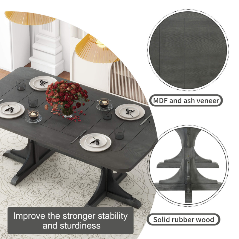 Side view of the modern black dining table with pedestal base, showcasing its sleek design and sturdy construction.