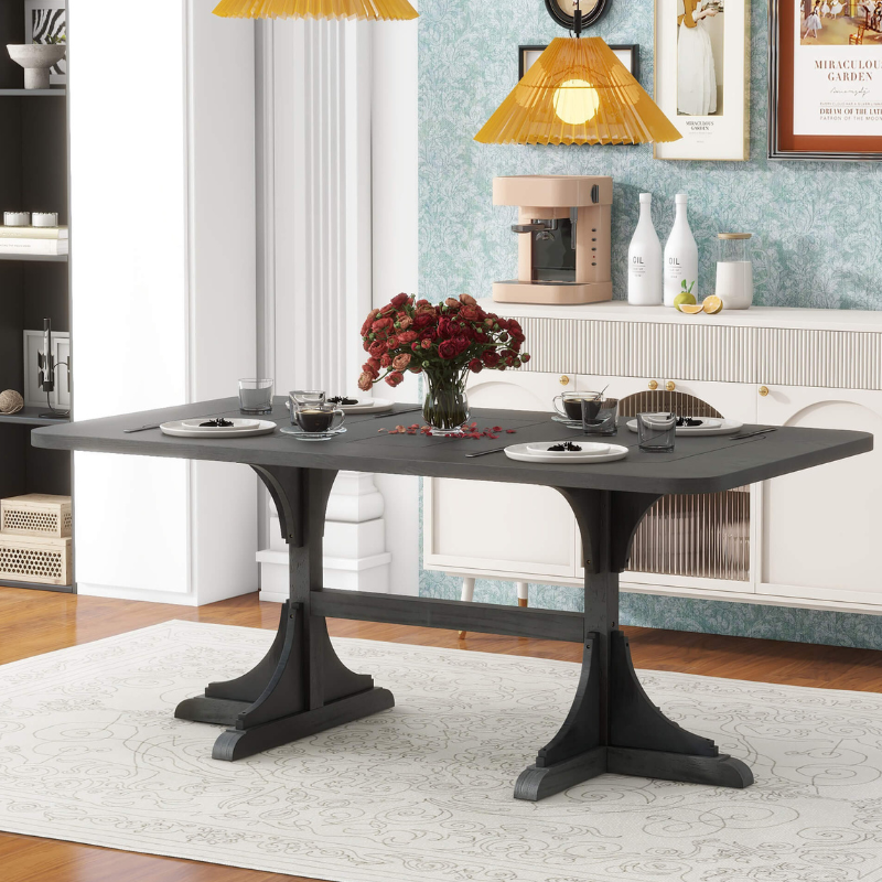 Elegant black wooden dining table featuring curved legs and a spacious top, perfect for entertaining guests.