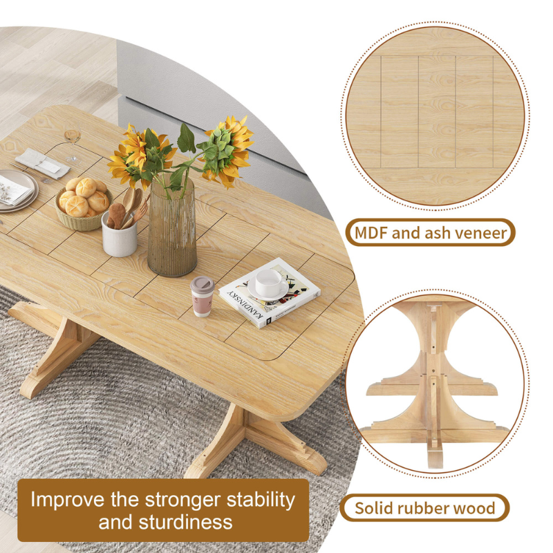 Elegant 71 curved leg wooden dining table showcasing its natural wood finish.