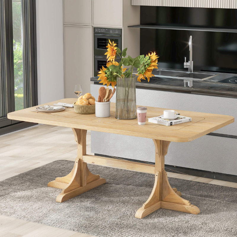 Elegant 71'' curved leg wooden dining table showcasing its natural wood finish.