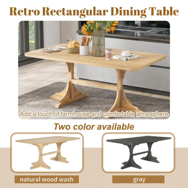 Spacious rectangular dining table in a bright dining room with stylish decor.