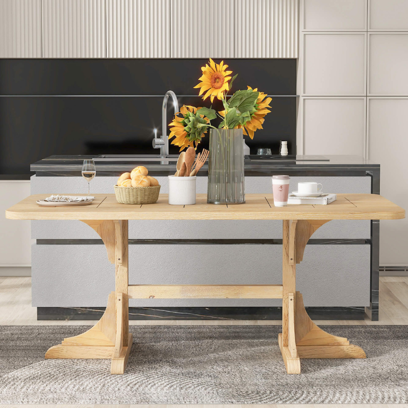 Spacious rectangular dining table in a bright dining room with stylish decor.