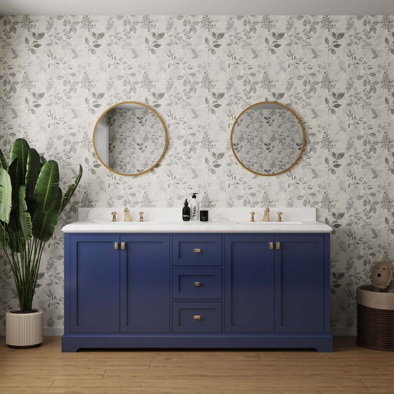 Front view of the navy blue double bathroom vanity with marble countertop and gold hardware