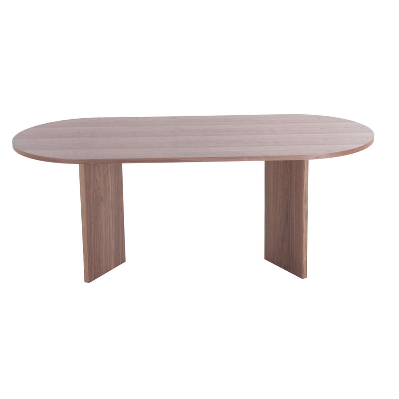 Elegant walnut farmhouse oval dining table set for eight, showcasing its spacious top and smooth edges.