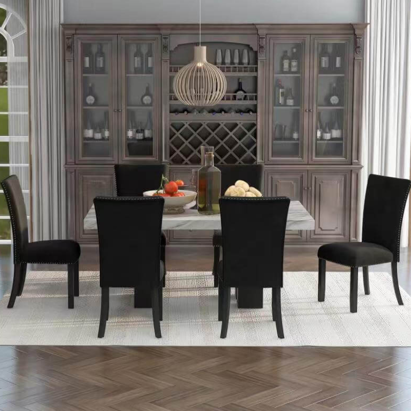 Elegant 7-piece dining table set with black velvet chairs and faux marble table, perfect for family gatherings.
