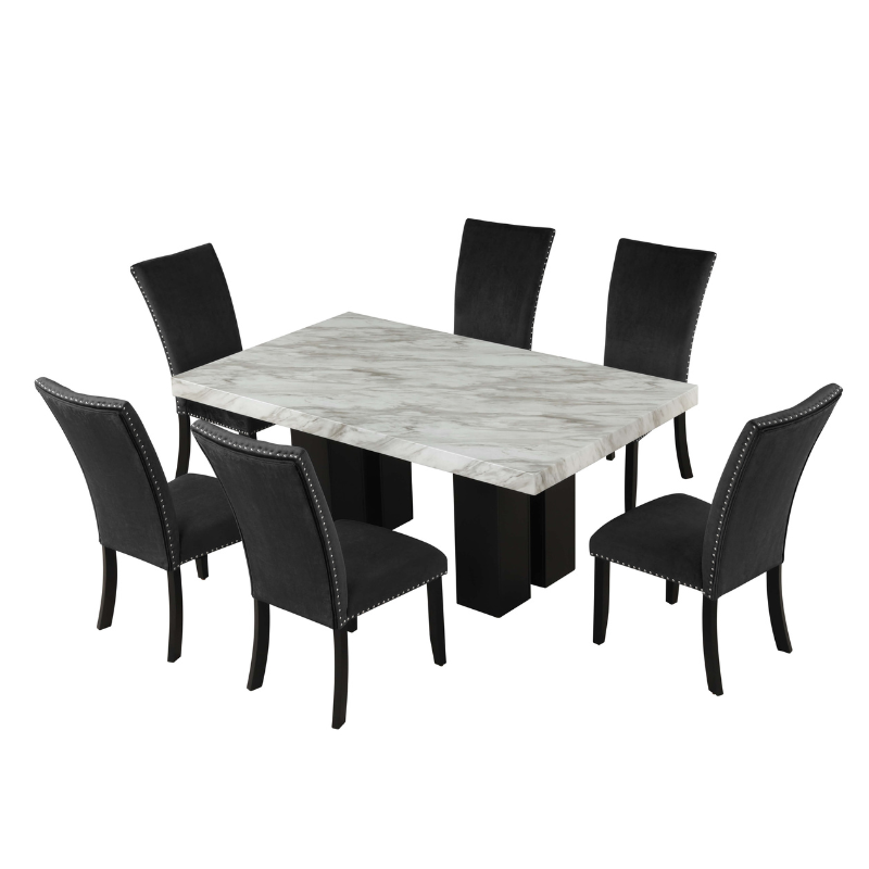 Elegant 7-piece dining table set with black velvet chairs and faux marble table, perfect for family gatherings.