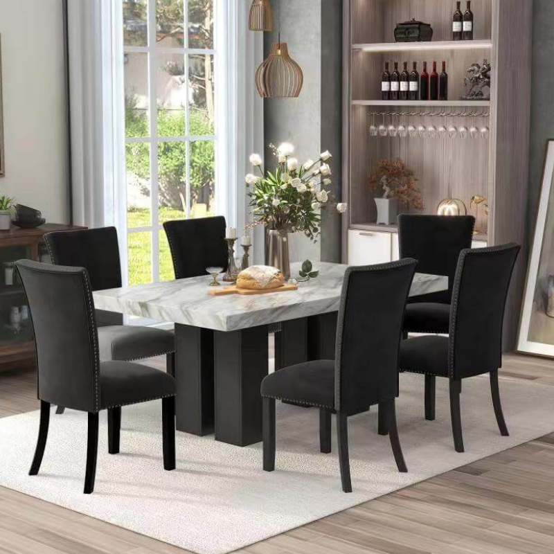 Stylish velvet chairs surrounding the modern dining table, highlighting the sophisticated design and comfort.