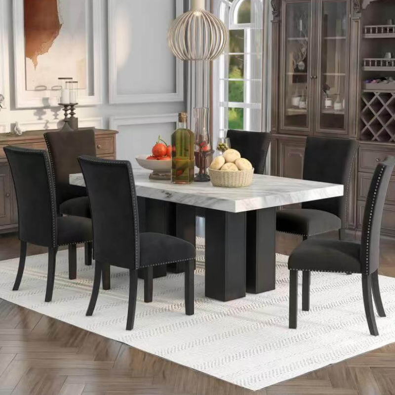 Elegant 7-piece dining table set with black velvet chairs and faux marble table, perfect for family gatherings.