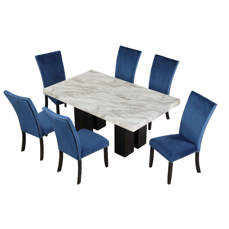 Close-up of the plush velvet dining chairs highlighting their tufted design.