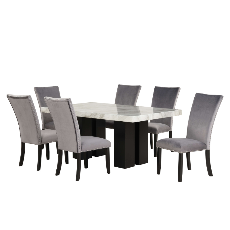 Full dining setup featuring the faux marble table and velvet chairs, perfect for family gatherings.