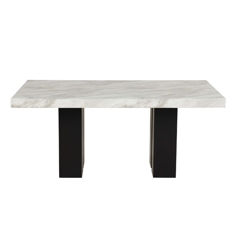 Luxurious faux marble dining table set showcasing gray velvet chairs from an angled perspective.