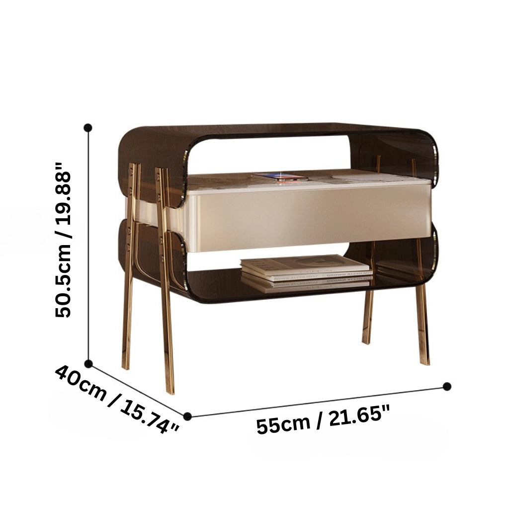 Front view of sleek acrylic nightstand showcasing open shelves.