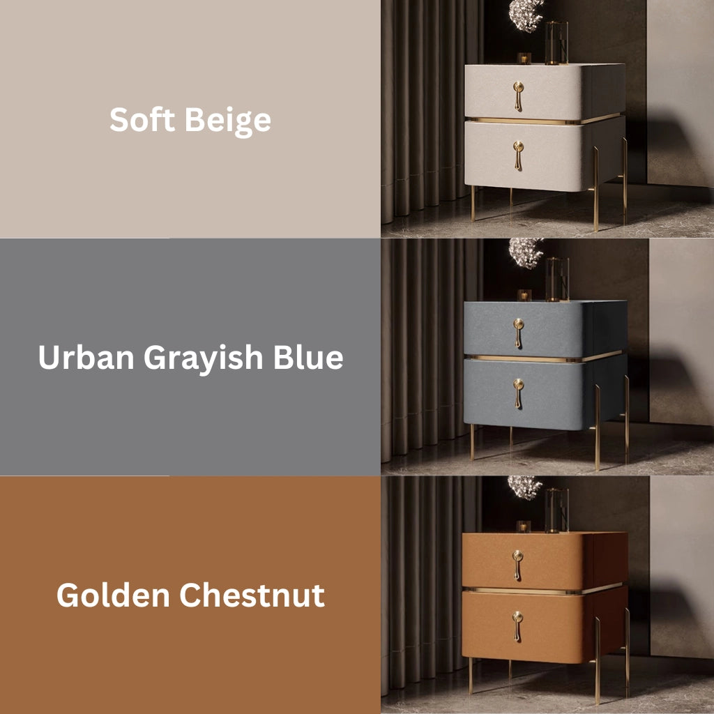 Elegant modern leather nightstand with automatic light in a softly lit bedroom.