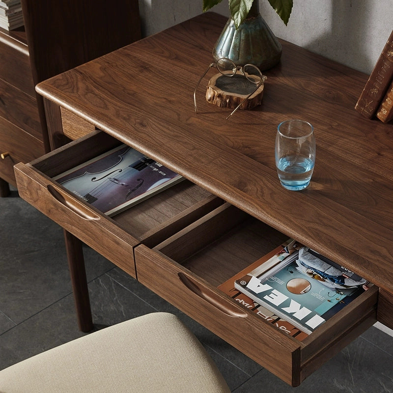 Stylish walnut retro desk showcasing dual drawers from a side angle, perfect for home offices.