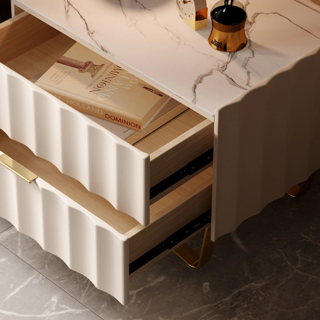 Front view of the elegant 2 drawer nightstand with LED light and sintered stone top.
