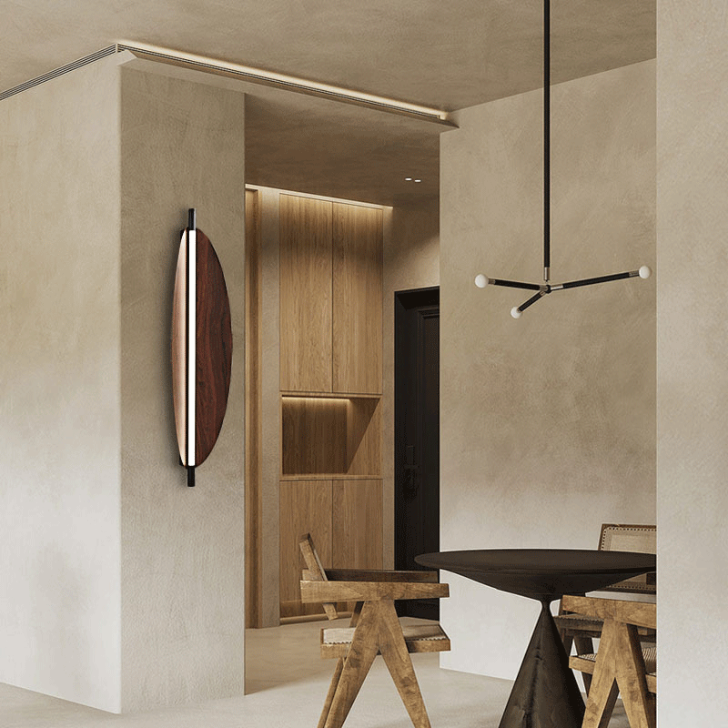 Front view of the Scandinavian Wood Grain Dimmable LED Wall Lamp, showcasing its sleek design.