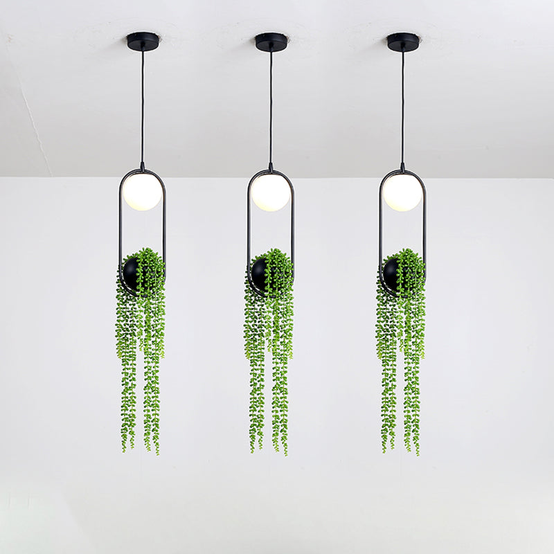 Close-up angle of the LED pendant light with adjustable ropes and potted plants.