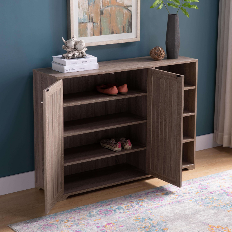 Close-up of the shoe cabinets two doors and top storage area, ideal for decorative items.
